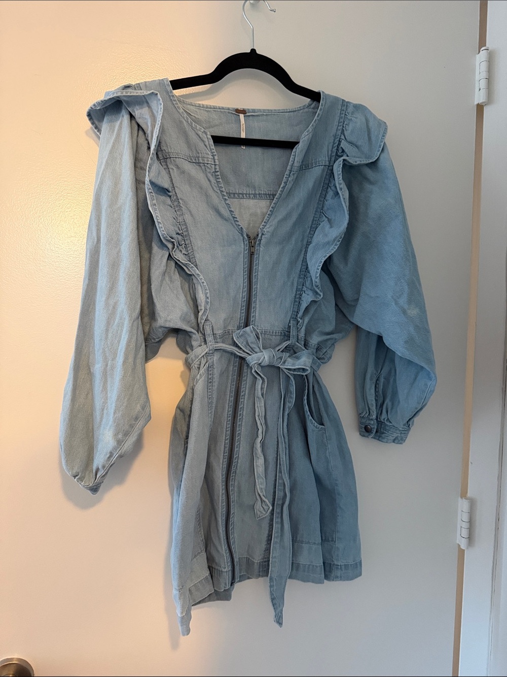 Free People Light Blue Ruffled Denim Mini Dress with Waist Tie
